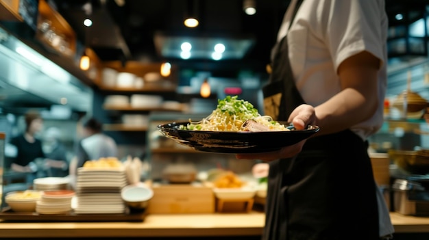 Cuisine japonaise Ramen avec espace de copie Serviteur en mouvement en service au restaurant Le serveur porte les plats