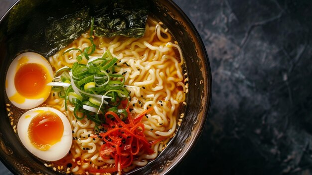 Cuisine japonaise Ramen vue de haut en gros plan extrême