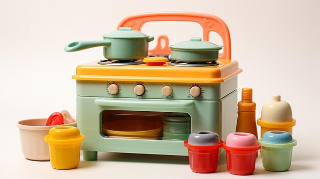 Photo cuisine de jouets en plastique ludique avec des casseroles et des plats sur fond blanc