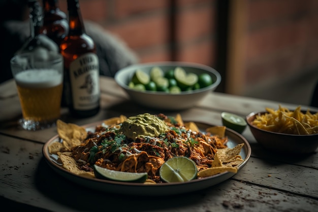 cuisine latine avec nachos et viande, citron, sauce à l'avocat cuisine mexicaine