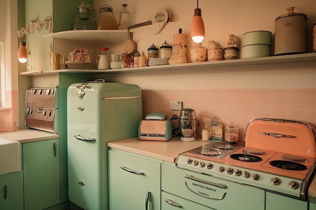 Cuisine Lofie avec appareils rétro et accessoires vintage créés avec l'IA générative