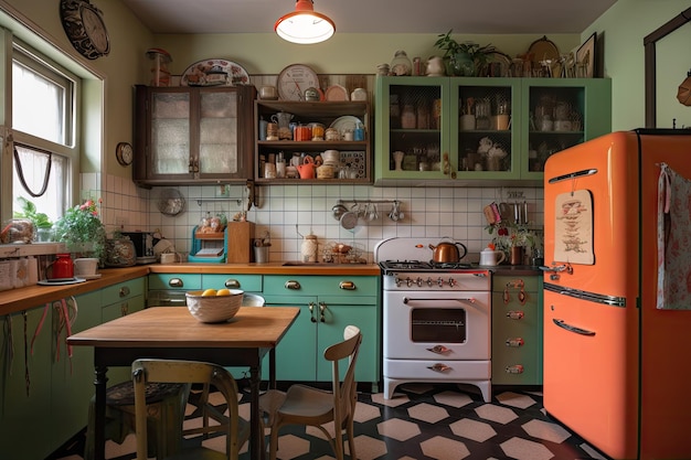 Cuisine Lofie avec des appareils vintage et des accessoires colorés créés avec une IA générative