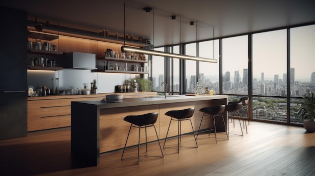 Cuisine loft moderne avec bar de petit-déjeuner dans un appartement de luxe urbain Plancher en bois comptoir de bar en bois avec tabourets de bar étagères ouvertes fenêtres du sol au plafond avec vue sur la ville rendu 3d