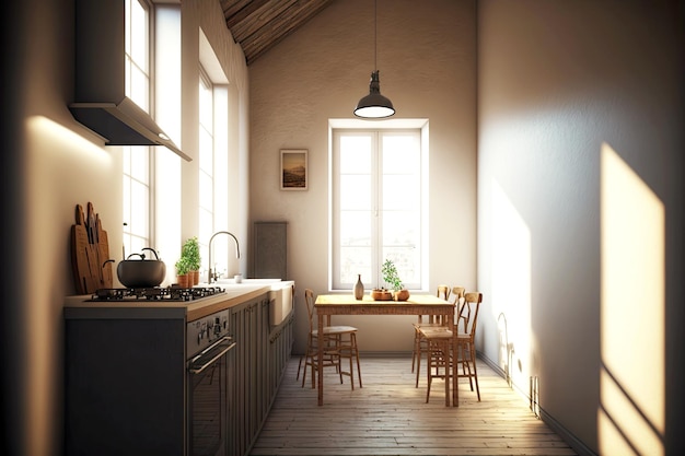 Cuisine loft vide étroite avec évier dans le mur et table contre le mur