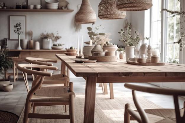 Cuisine lumineuse et confortable dans une table à manger de style scandi eco avec bancs, vaisselle et meubles en bois