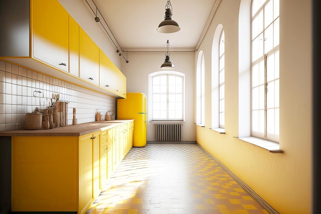 Cuisine lumineuse dans le hall vide de grenier avec des tuiles jaunes sur le plancher