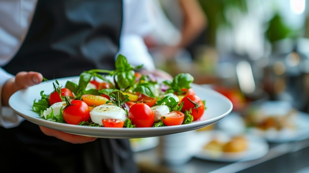 une cuisine méditerranéenne Caprese Salade serveur en mouvement en service dans le restaurant Le serveur porte les plats