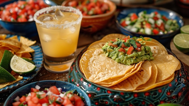 Une cuisine mexicaine colorée avec des tacos frais et des côtés sur une nappe tissée