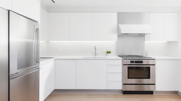 Une cuisine minimaliste moderne avec des appareils en acier inoxydable élégants et un comptoir blanc brillant