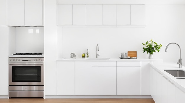 Une cuisine minimaliste moderne avec des appareils en acier inoxydable élégants et un comptoir blanc brillant
