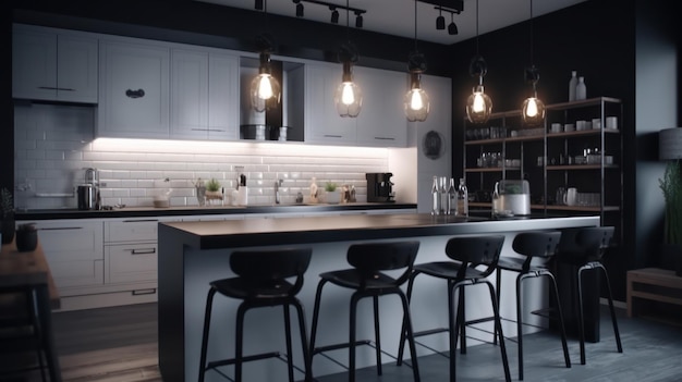 Cuisine minimaliste moderne en noir et blanc avec des éléments de style loft et un éclairage spectaculaire