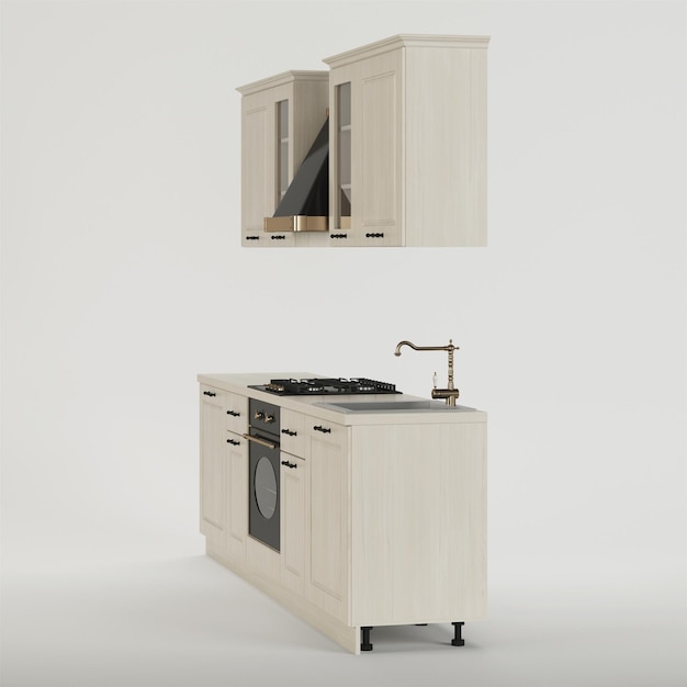 Cuisine. Mobilier et équipement de cuisine sur fond blanc. Chemin de détourage inclus. Rendu 3D.