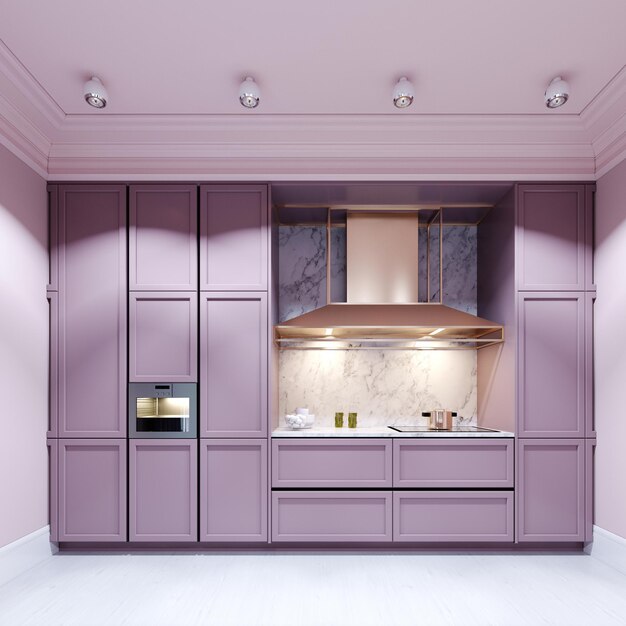 Cuisine à la mode vue de face dans un mobilier de couleur lilas de style tendance et un design moderne. Rendu 3D.