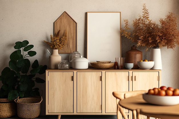 Cette cuisine moderne a une affiche maquette encadrant un buffet en bois beige avec des plantes