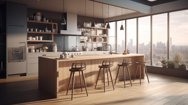 Cuisine moderne avec bar à petit-déjeuner dans un appartement de luxe urbain Planchers en bois Façades grises Comptoir-bar avec tabourets de bar Fenêtres du sol au plafond donnant sur la ville Rendu 3d