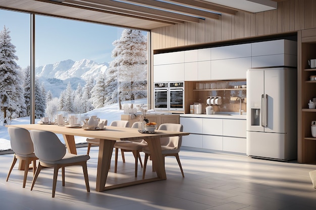 cuisine moderne blanche dans une maison avec une belle vue sur la montagne