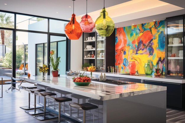 une cuisine moderne avec une grande peinture sur le mur
