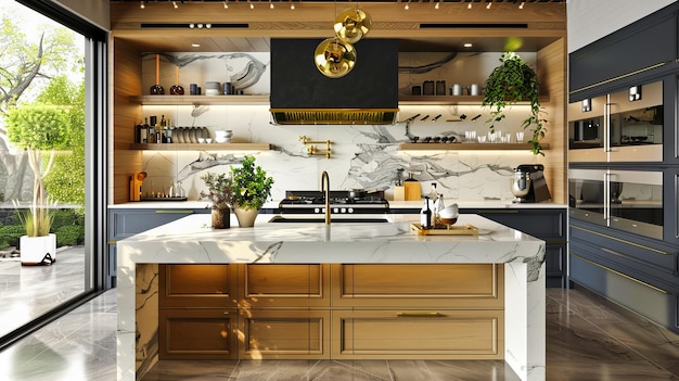 Photo cuisine moderne de luxe avec des appareils haut de gamme et des comptoirs en granit incarnant un design contemporain et des intérieurs élégants