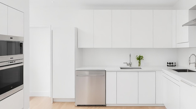 Une cuisine moderne et minimaliste avec des appareils électroménagers élégants en acier inoxydable et un comptoir blanc brillant