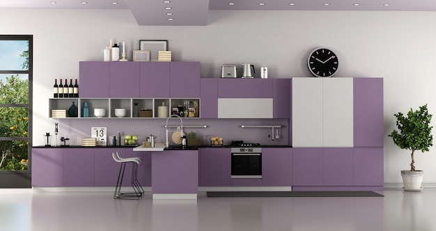 Cuisine moderne minimaliste violet et blanc