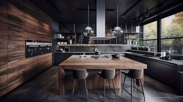 Cuisine moderne avec mobilier noir et parquet ai génératif