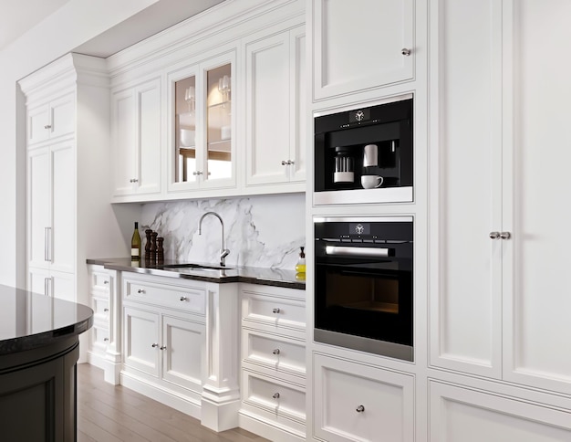 Cuisine moderne de rendu 3d avec armoire en bois blanc et intérieur de table