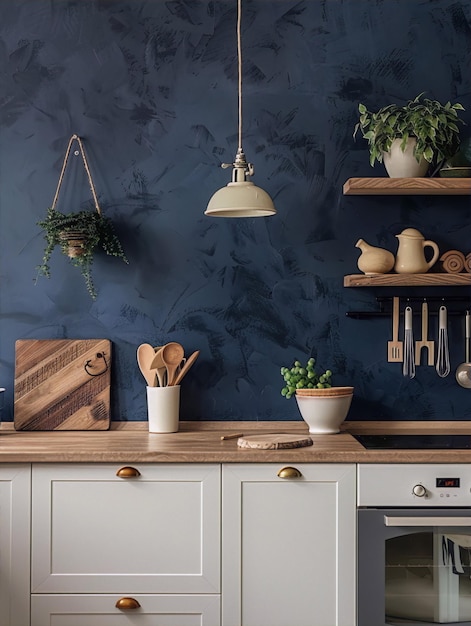 Photo une cuisine avec un mur bleu et une étagère avec des pots et des casseroles