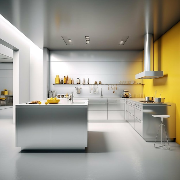 Une cuisine avec un mur jaune et une étagère blanche avec un mur jaune.