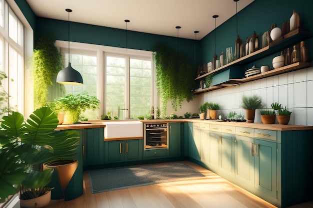 Une cuisine avec un mur végétalisé et une plante au mur.