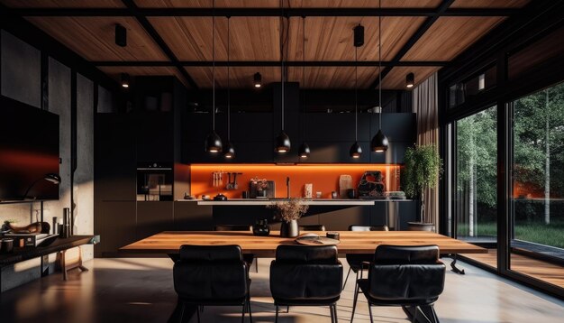 Une cuisine en noir et blanc avec une table et des chaises en bois.