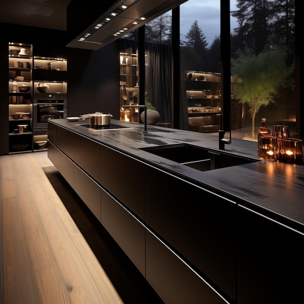 Cuisine noire de luxe avec un grand îlot de cuisine et des fenêtres en tons sombres Intérieur d'appartement moderne