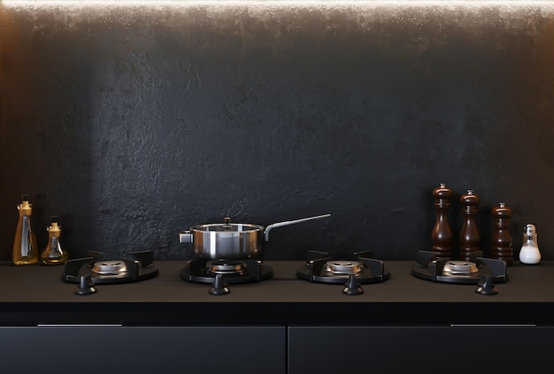 Cuisine noire de luxe moderne de rendu 3d avec concept de design d'intérieur de décoration en bois