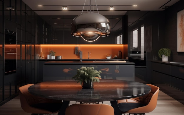 Une cuisine noire avec une table noire et des chaises orange.