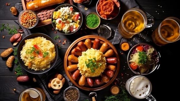 Cuisine de l'Oktoberfest Choucroute saucisse bretzels purée de pommes de terre et de la bière sont des aliments de vacances traditionnels allemands Vue de dessus de l'IA générative tableau noir