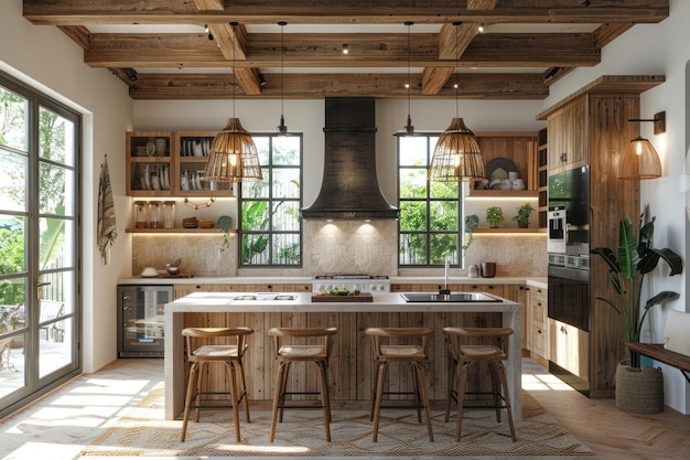 une cuisine ouverte est représentée par des grains de bois variés et des tableaux vivants