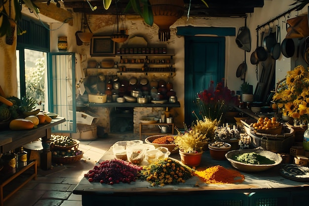 Photo une cuisine avec un poêle et un tas de bols de nourriture dessus