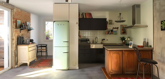 Photo une cuisine avec un réfrigérateur un réfrigerateur et une table avec un signe qui dit cuisine