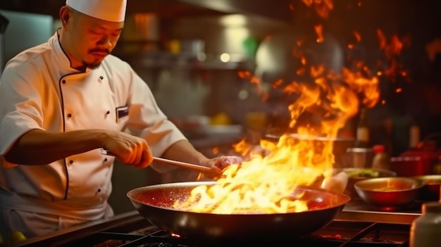 Cuisine de restaurant asiatique avec une poêle à wok et un cuisinier principal caucasien flambé IA générative