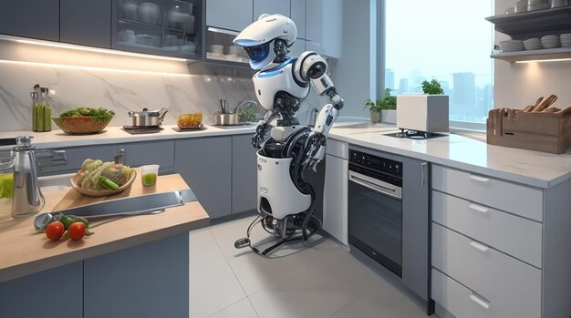 Une cuisine avec un robot chef qui prépare les repas