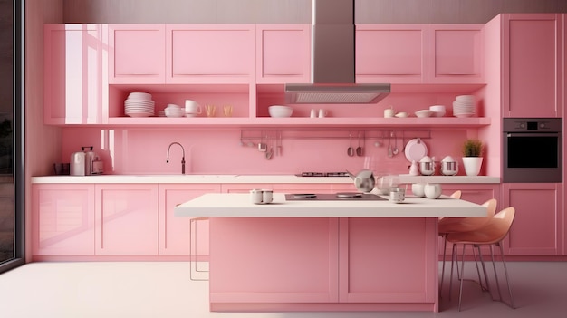 Cuisine rose vif avec comptoir et armoires blancs, parfaite pour une décoration intérieure moderne et