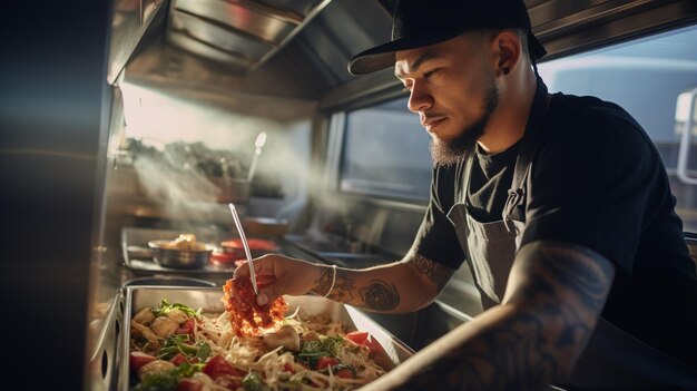 Cuisine de rue cinématographique encadrant une photo d'un chef de food truck préparant des délices