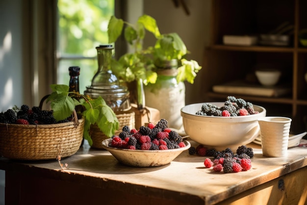 Cuisine rustique éclairée par le soleil avec des baies fraîches et de la poterie vintage