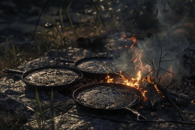 Cuisine rustique sur un feu de camp avec des poêles en fonte oc