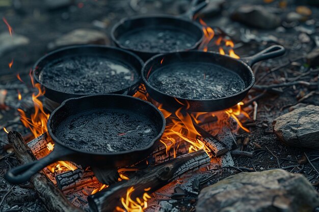 Photo cuisine rustique sur un feu de camp avec des poêles en fonte oc