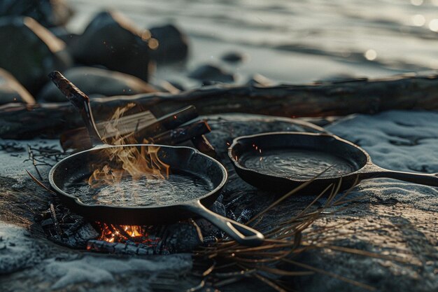 Photo cuisine rustique sur un feu de camp avec des poêles en fonte oc