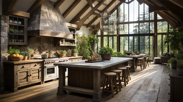 une cuisine rustique avec des murs en pierre et des planchers en bois