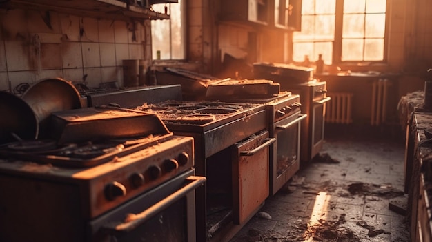 Une cuisine sale avec beaucoup de poêles sales dedans