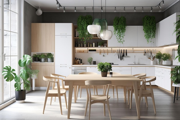 Cuisine scandinave avec des détails en bois et blancs Design d'intérieur minimaliste Illustration d'IA générative