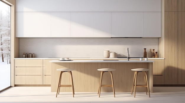 Cuisine scandinave minimaliste avec un design blanc élégant illustré en d