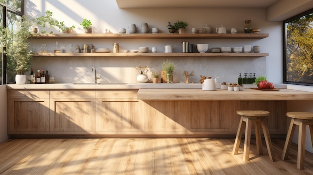 une cuisine avec un sol en bois et un tabouret en bois